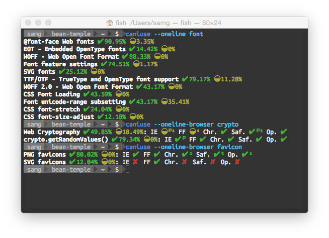 Screenshot of caniuse command line tool