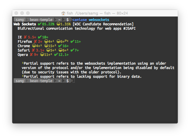 Screenshot of caniuse command line tool