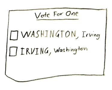 A ballot to choose between Irving Washington and Washington Irving