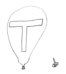 A big T on a balloon and a little T on a pin