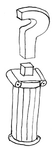 A question-mark on a pedestal